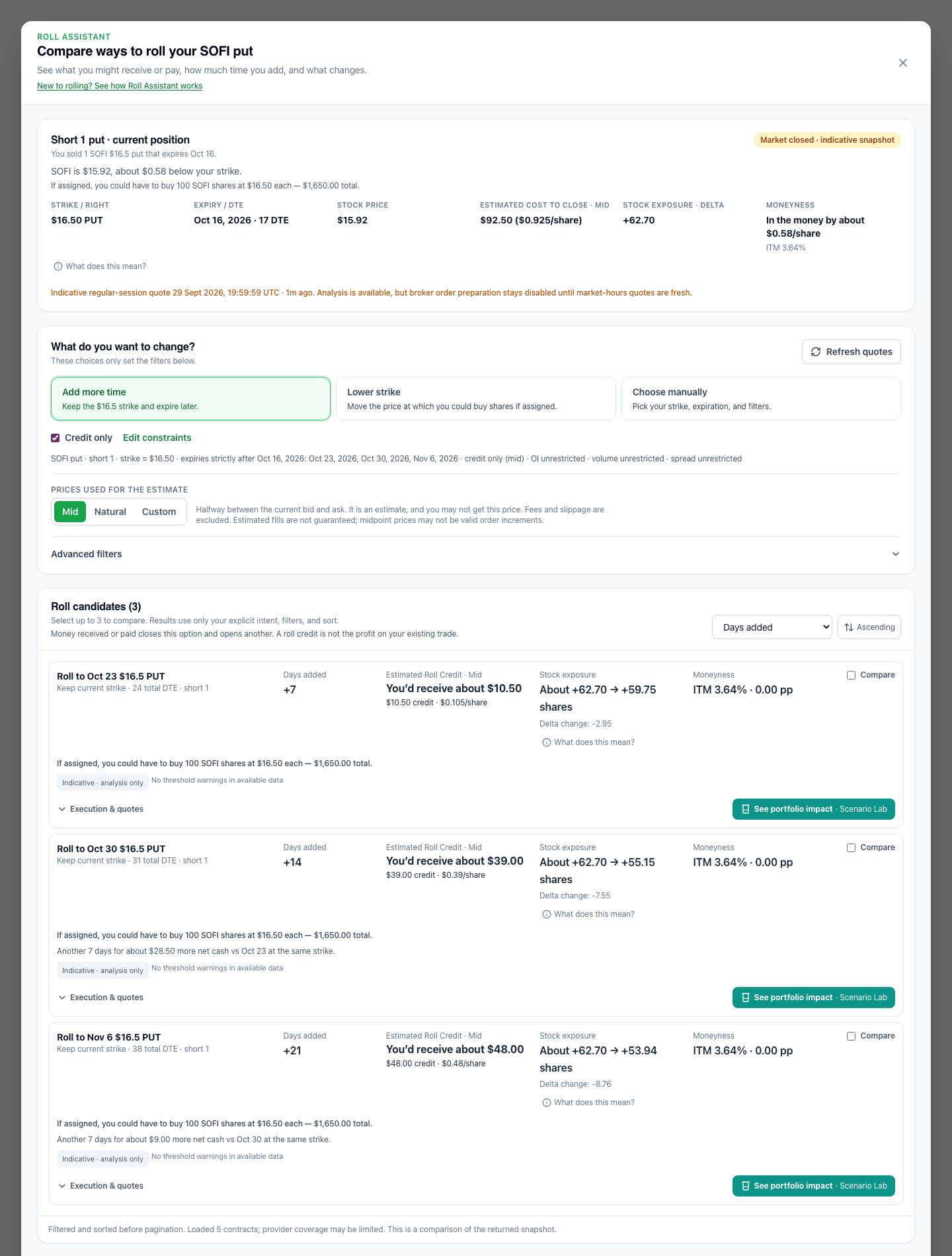 Roll Assistant with a demo SOFI short put, later expirations, estimated cash flow, and stock exposure