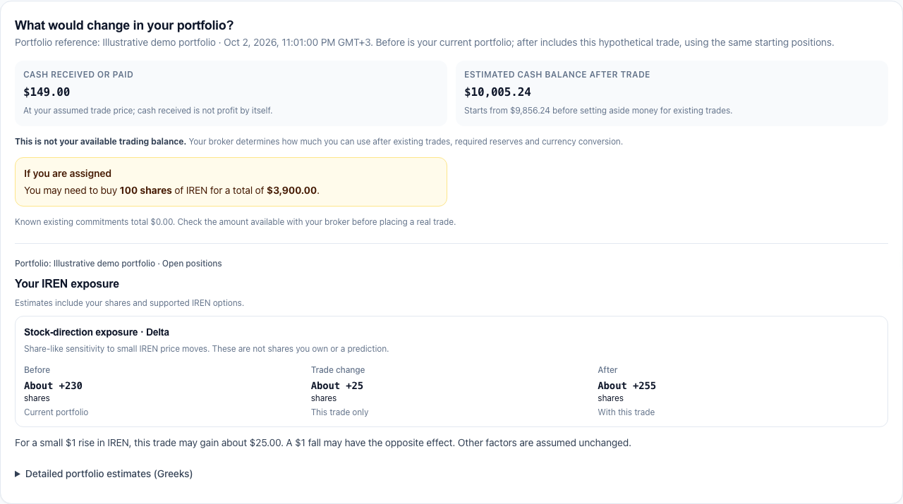 Scenario Lab showing a demo hypothetical trade and its current-versus-scenario portfolio impact
