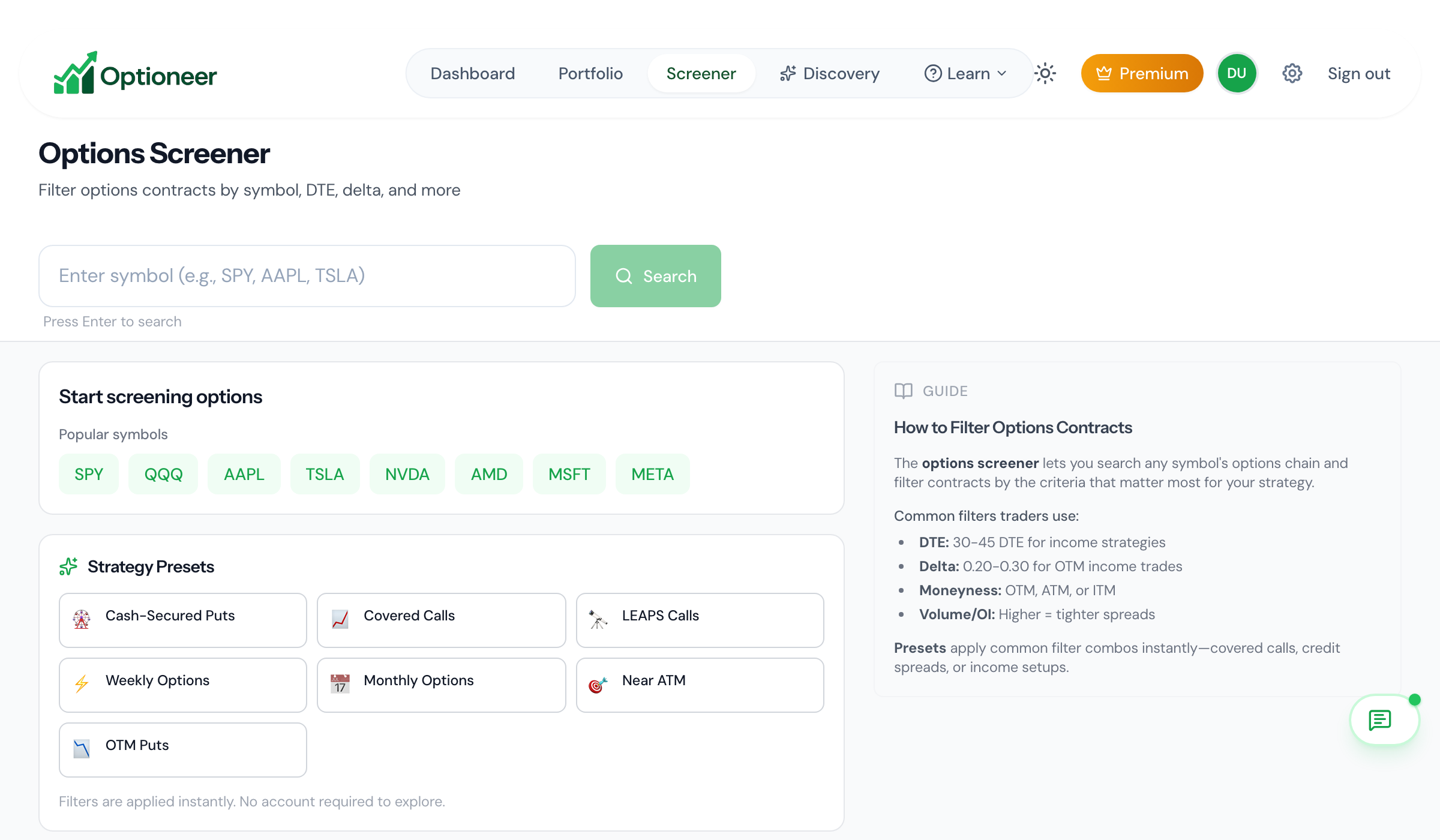 Screener Strategy Presets and Search bar
