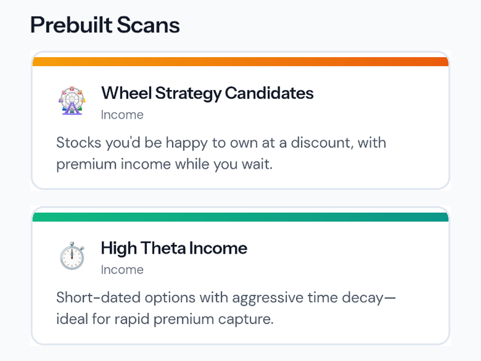 Optioneer Discovery interface with options strategy opportunities
