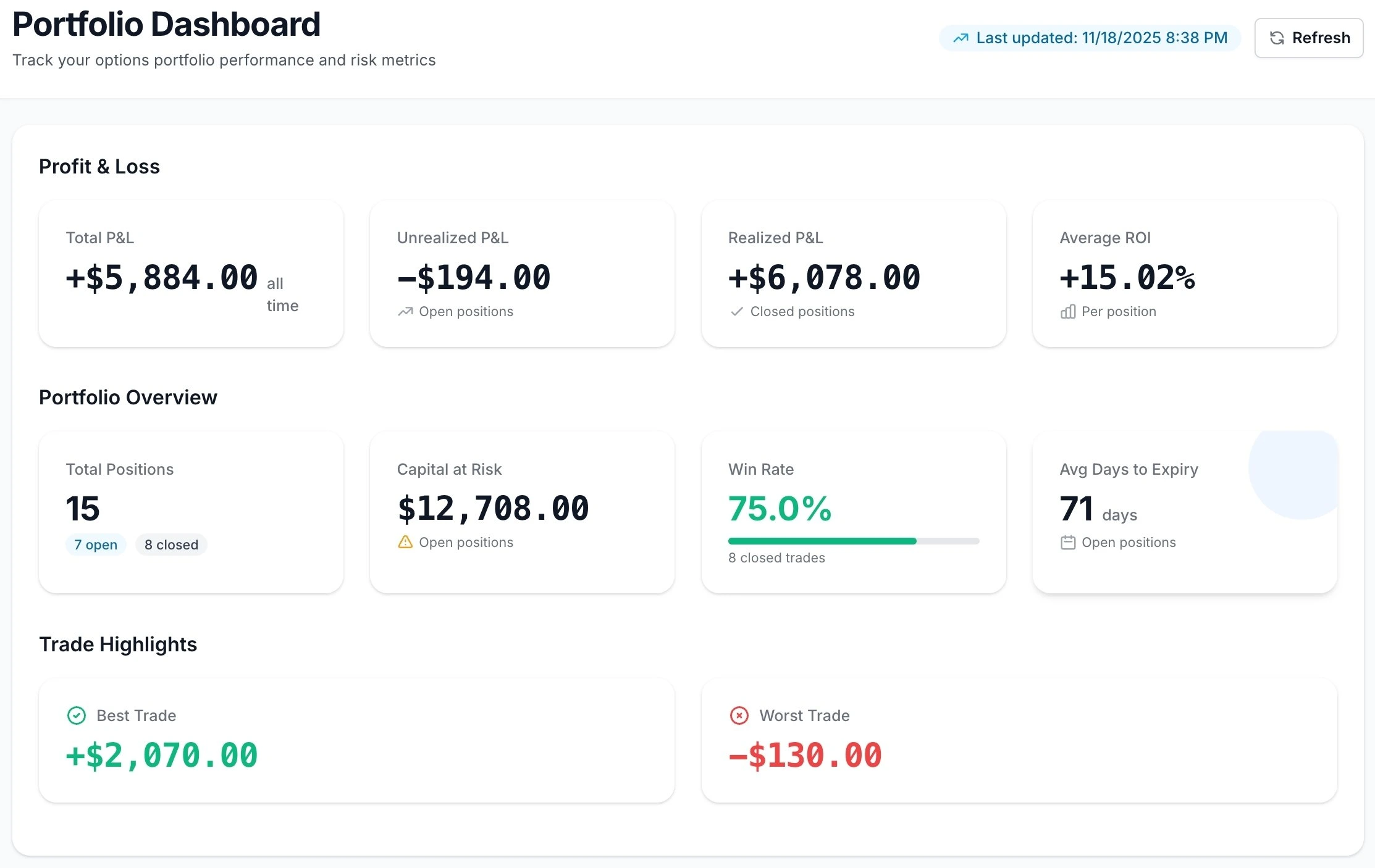 Optioneer portfolio dashboard with options positions, performance, and allocation