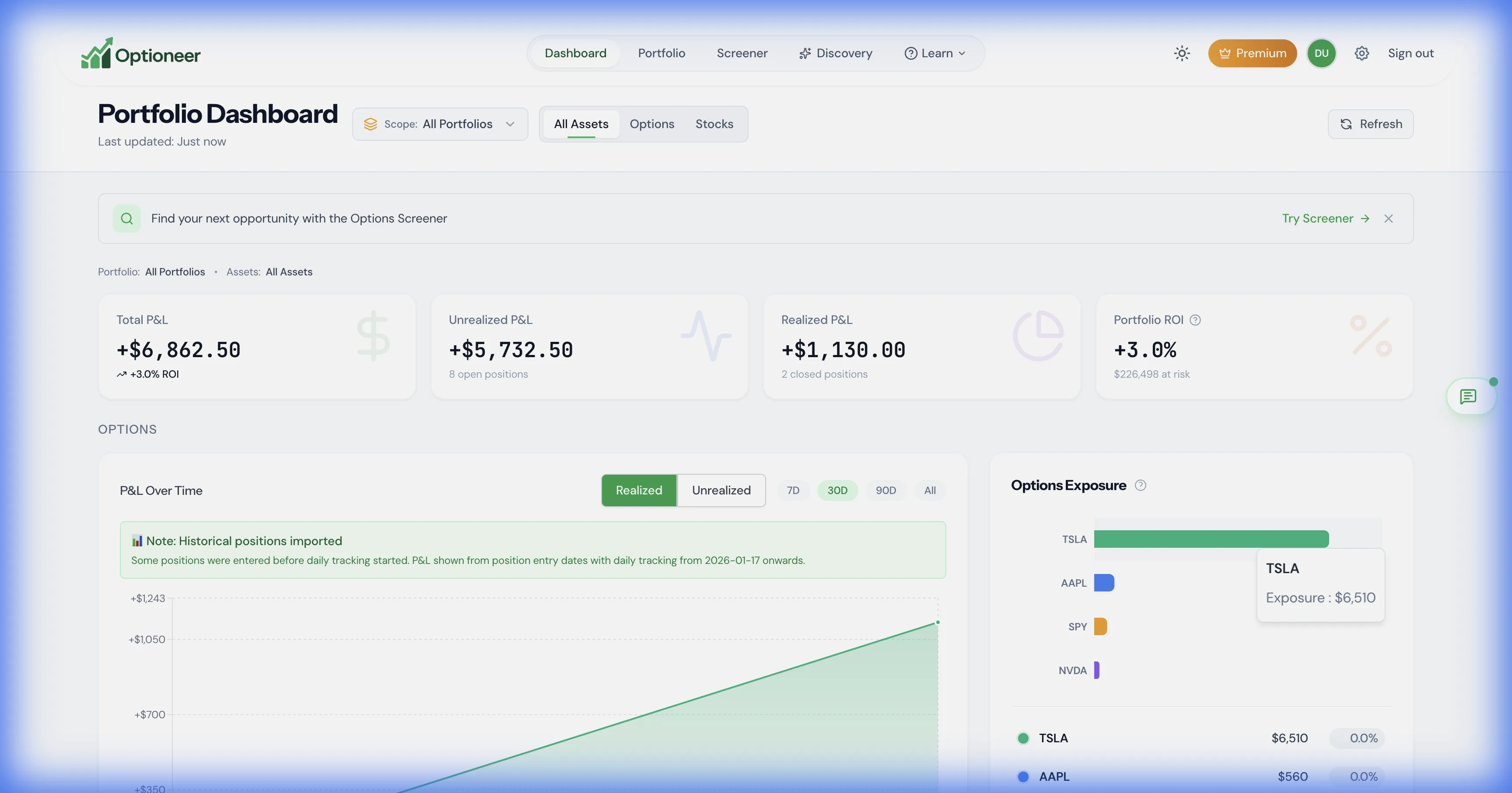 Optioneer demo portfolio dashboard with options exposure and profit and loss panels