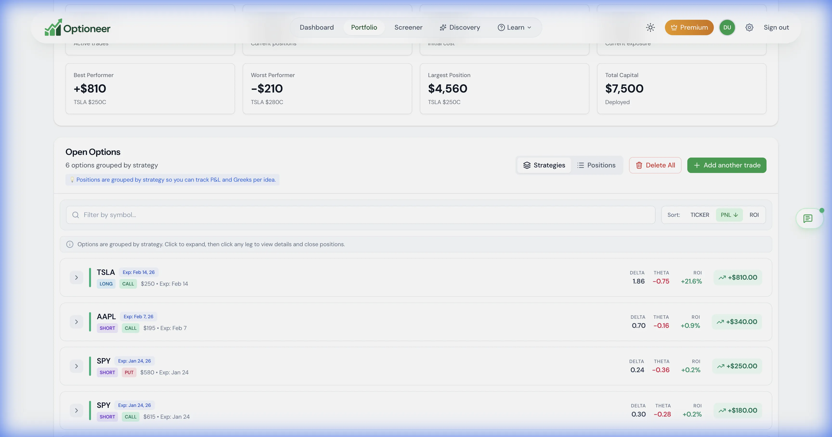 Optioneer demo portfolio list with grouped open options positions